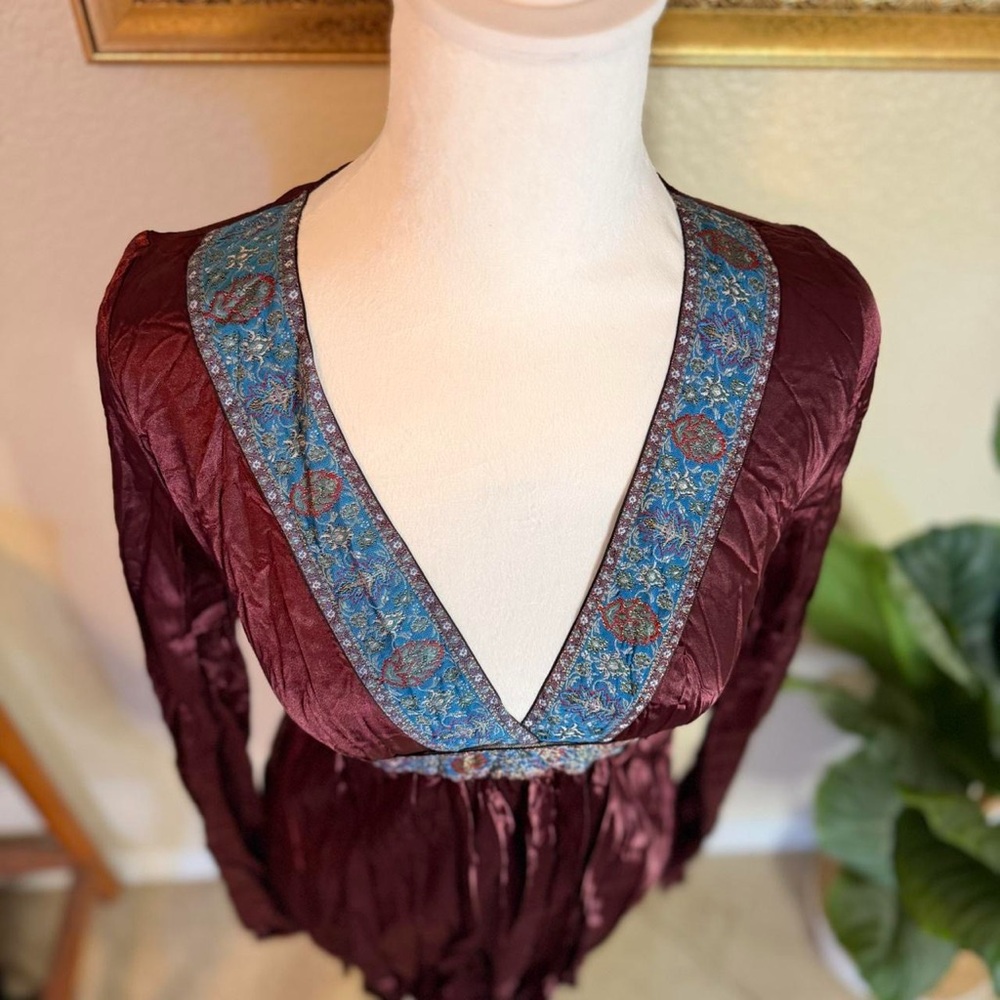 Vintage Y2K Deadstock Fairycore Whimsygoth Babydoll Empire Waist Burgundy Dress - Picture 2 of 8